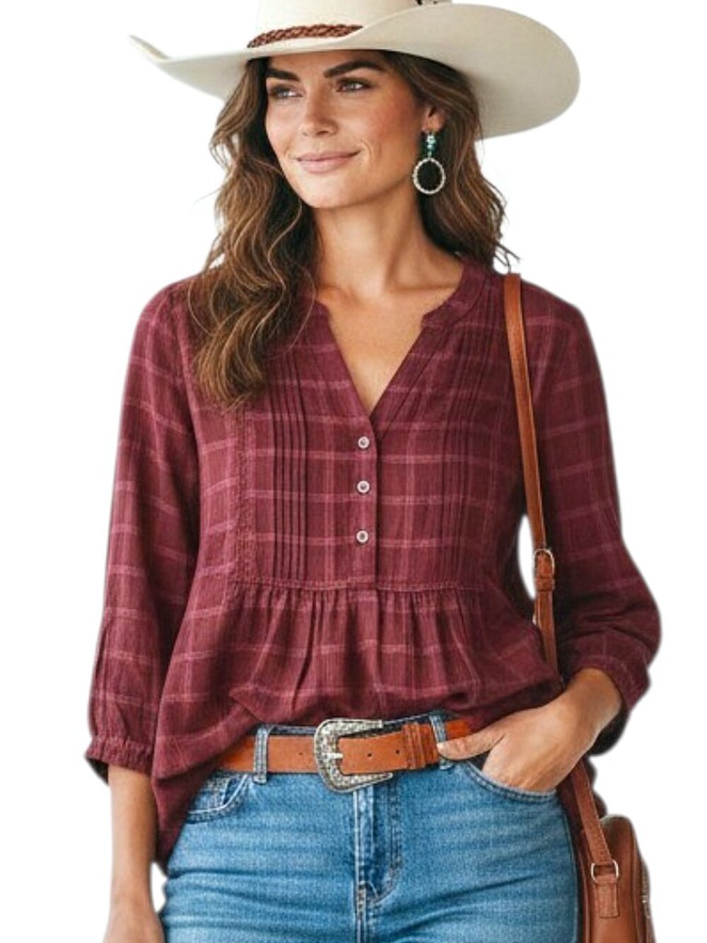 Wrangler NWT Red Plaid Viscose Babydoll Top Country Western Shirt - M